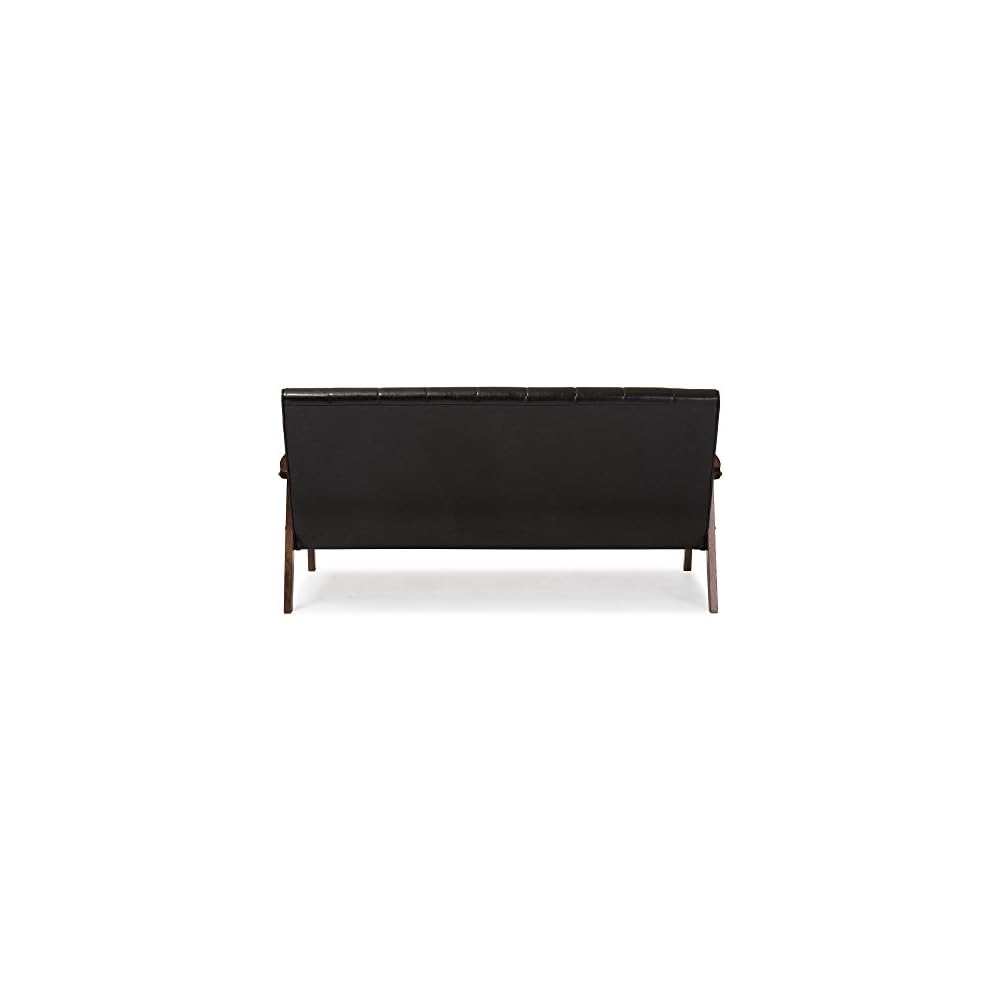 Baxton Furniture Studios Mid-Century Modern Scandinavian Style Faux 3 Seater Leather Wooden Sofa, Dark Brown