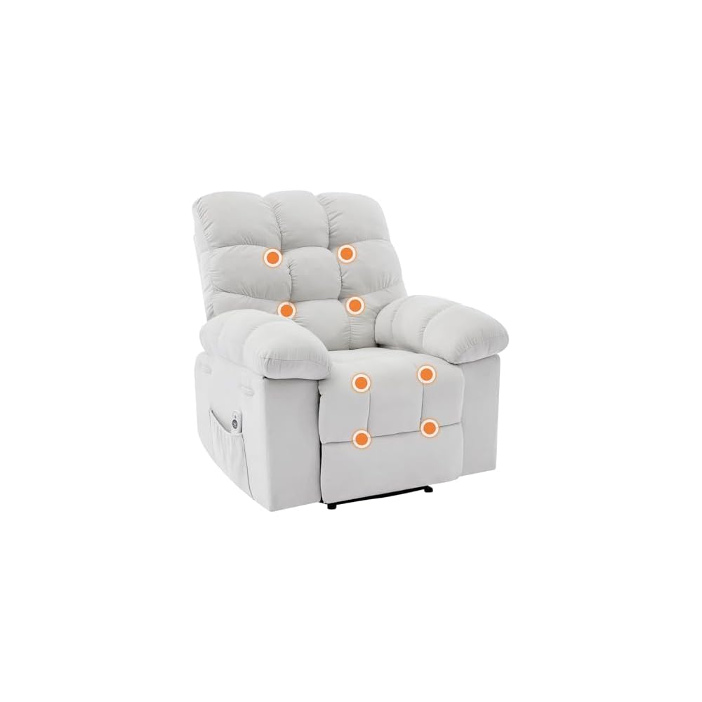 Overstuffed Recliner Rocking Chair with Massage & Heat, Manual Recline with 21.3'' Wide High-Back Linen Armchair, Remote Control, Dual Side Pockets, for Living Room or Bedroom, Light Brown