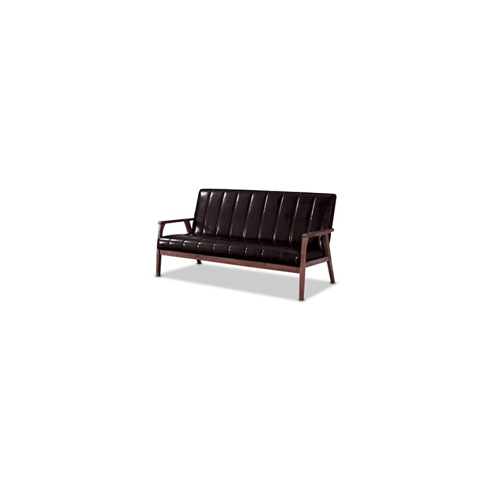 Baxton Furniture Studios Mid-Century Modern Scandinavian Style Faux 3 Seater Leather Wooden Sofa, Dark Brown