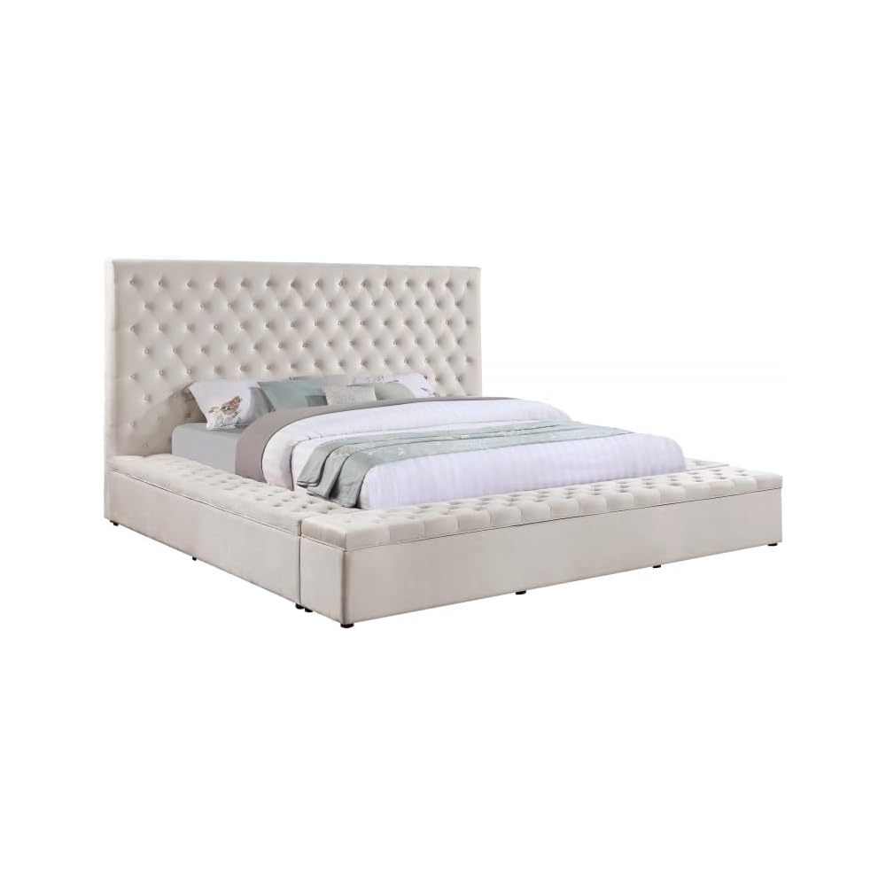 First of a Kind Modern Velvet Tufted upholstered Platform Storage Bed, Bed with deep Button Tufting and Storage Compartments in Rails and Footboard (Cream, Queen)
