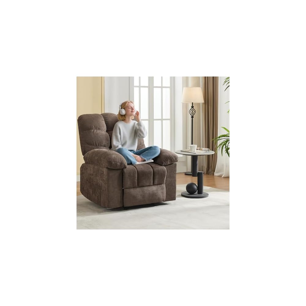 Overstuffed Recliner Rocking Chair with Massage & Heat, Manual Recline with 21.3'' Wide High-Back Linen Armchair, Remote Control, Dual Side Pockets, for Living Room or Bedroom, Light Brown