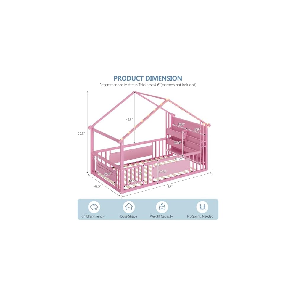 DICTAC Twin Floor Bed with Storage Bookshelf and Globe String Lights House Montessori Floor Bed for Girls with Safety Guardrail,Side Storage Pockets & Solid Wood Slats,Twin Size Girls Floor Beds,Pink