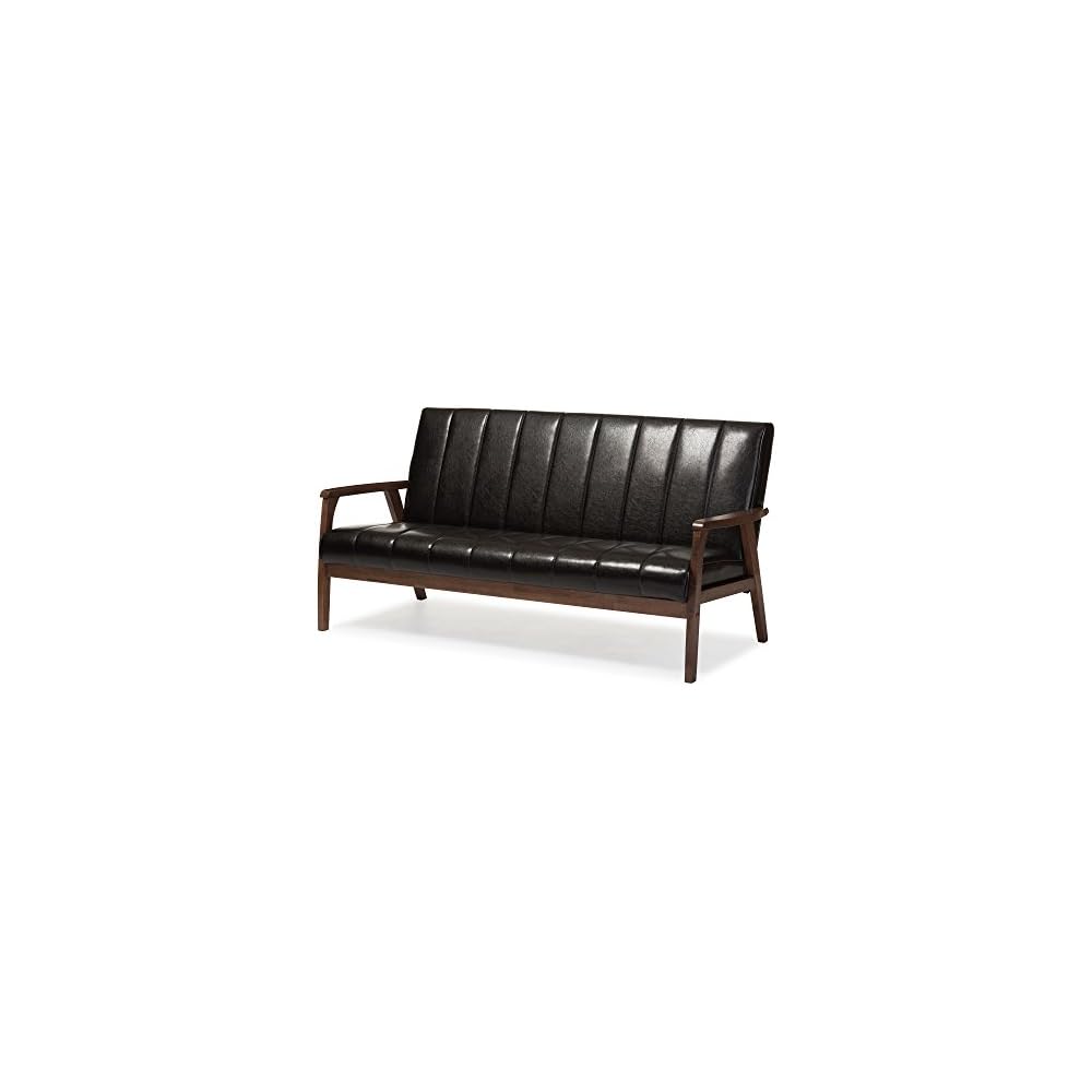 Baxton Furniture Studios Mid-Century Modern Scandinavian Style Faux 3 Seater Leather Wooden Sofa, Dark Brown
