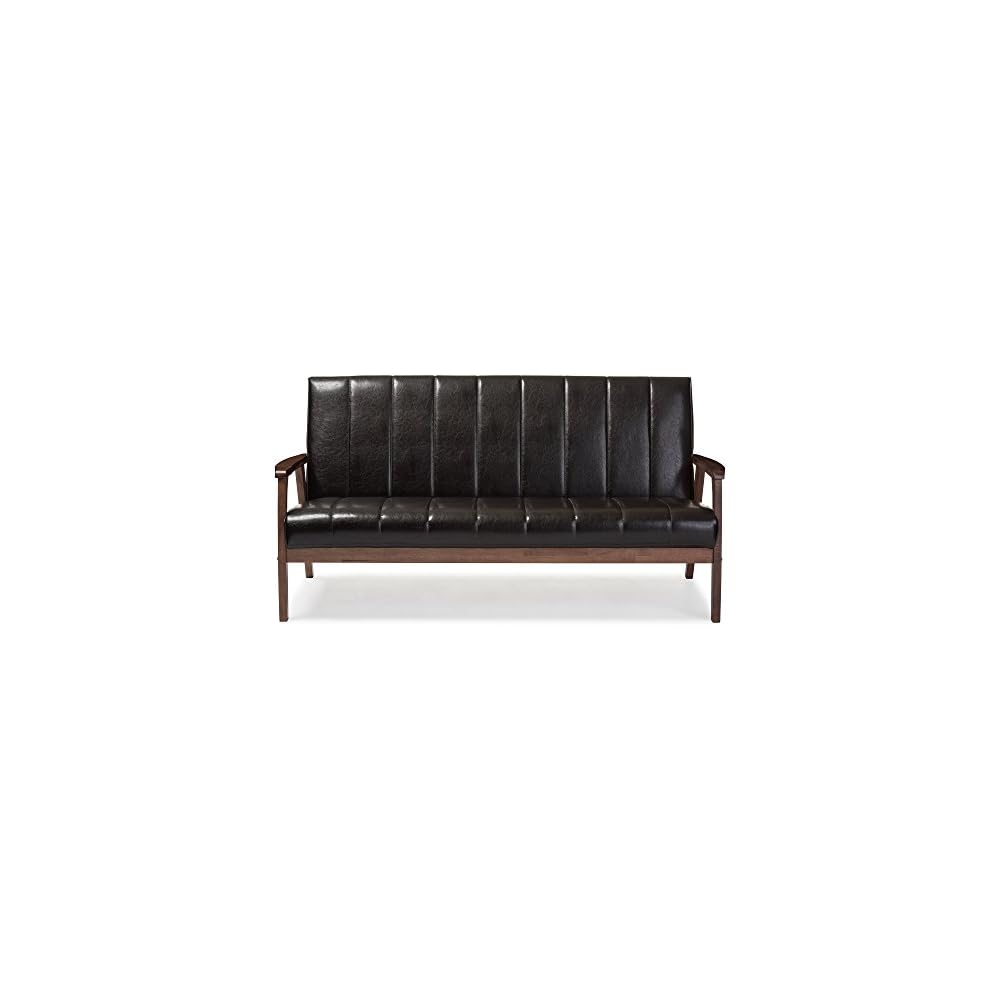 Baxton Furniture Studios Mid-Century Modern Scandinavian Style Faux 3 Seater Leather Wooden Sofa, Dark Brown