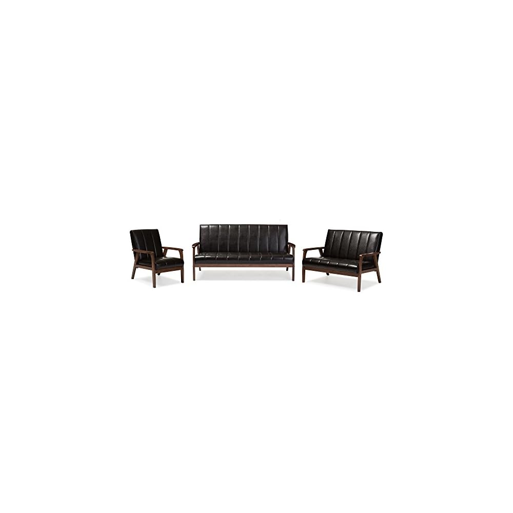 Baxton Furniture Studios Mid-Century Modern Scandinavian Style Faux 3 Seater Leather Wooden Sofa, Dark Brown