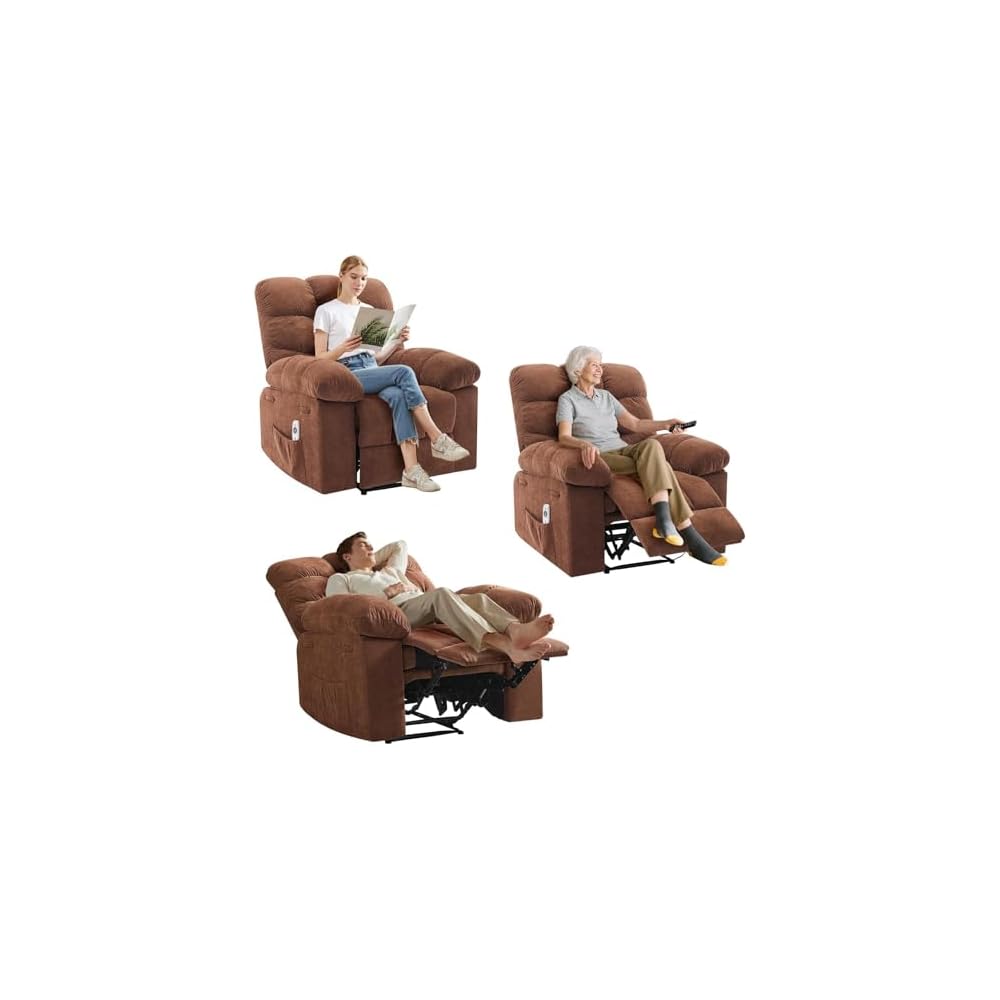 Overstuffed Recliner Rocking Chair with Massage & Heat, Manual Recline with 21.3'' Wide High-Back Linen Armchair, Remote Control, Dual Side Pockets, for Living Room or Bedroom, Light Brown