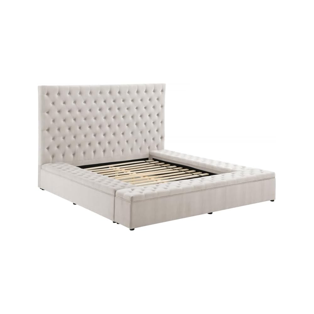 First of a Kind Modern Velvet Tufted upholstered Platform Storage Bed, Bed with deep Button Tufting and Storage Compartments in Rails and Footboard (Cream, Queen)