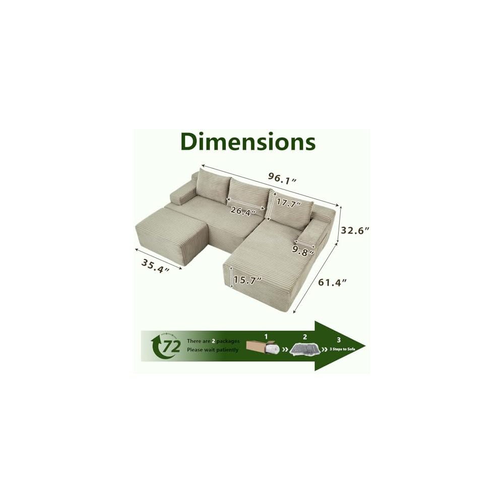 96.1" Modular Sectional Sofa with Ottoman, Modern Corduroy Cloud Couch, Boneless Couch Upholstered 3-Seater U-Shaped Sofa for Living Room, No Assembly (Camel, Right-Facing Chaise)