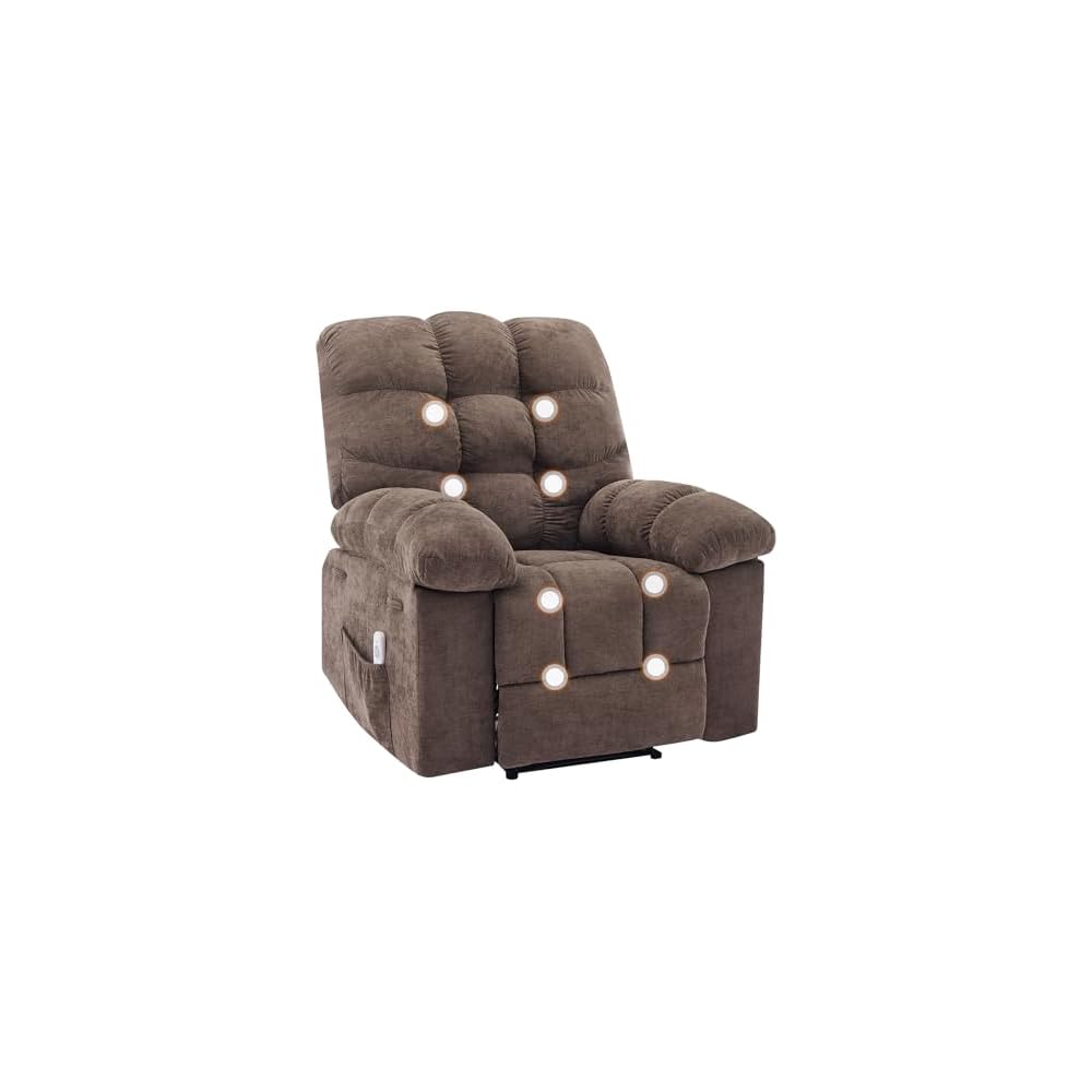 Overstuffed Recliner Rocking Chair with Massage & Heat, Manual Recline with 21.3'' Wide High-Back Linen Armchair, Remote Control, Dual Side Pockets, for Living Room or Bedroom, Light Brown