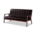 Baxton Furniture Studios Mid-Century Modern Scandinavian Style Faux 3 Seater Leather Wooden Sofa, Dark Brown
