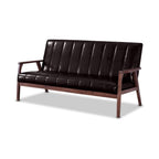 Baxton Furniture Studios Mid-Century Modern Scandinavian Style Faux 3 Seater Leather Wooden Sofa, Dark Brown