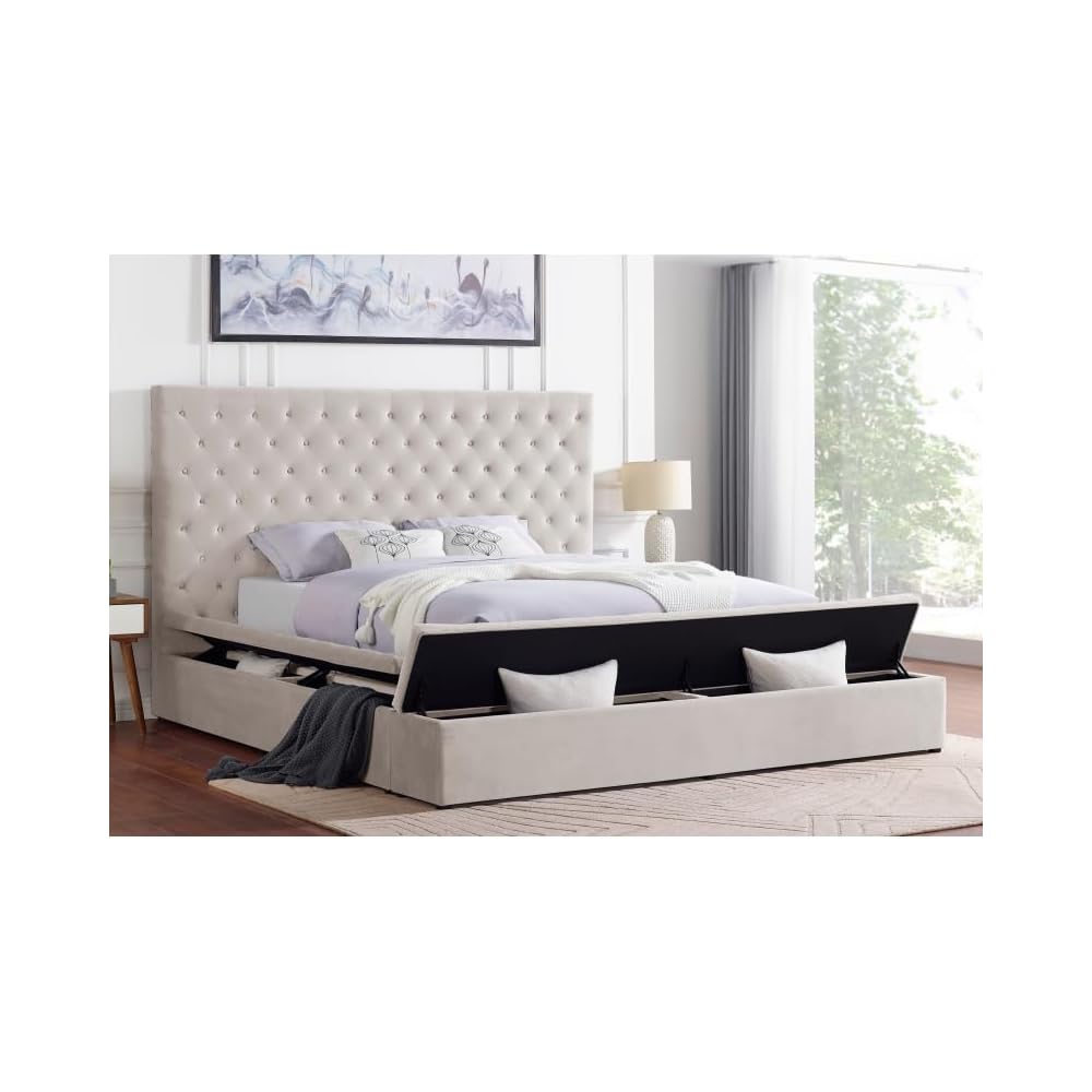 First of a Kind Modern Velvet Tufted upholstered Platform Storage Bed, Bed with deep Button Tufting and Storage Compartments in Rails and Footboard (Cream, Queen)