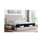 First of a Kind Modern Velvet Tufted upholstered Platform Storage Bed, Bed with deep Button Tufting and Storage Compartments in Rails and Footboard (Cream, Queen)
