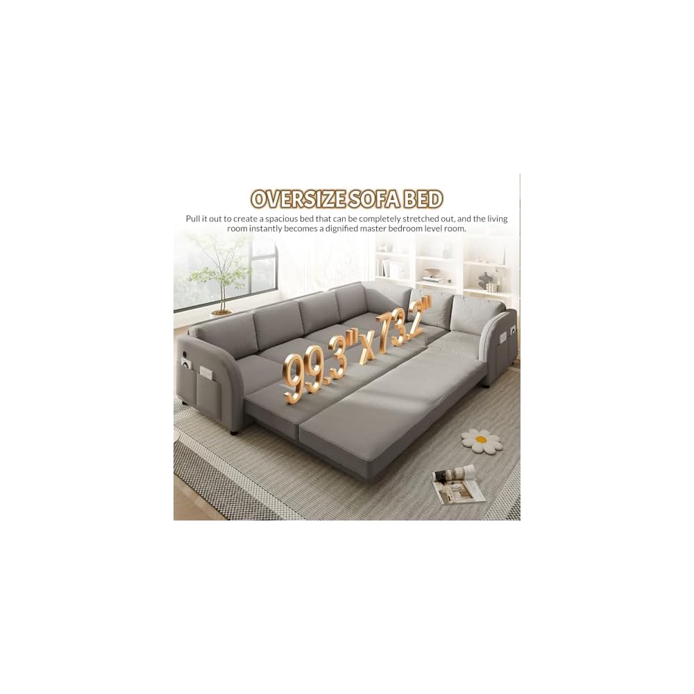115.2'' Sleeper Sofa Bed King, Sherpa Fleece Sectional Sofa, Light Grey