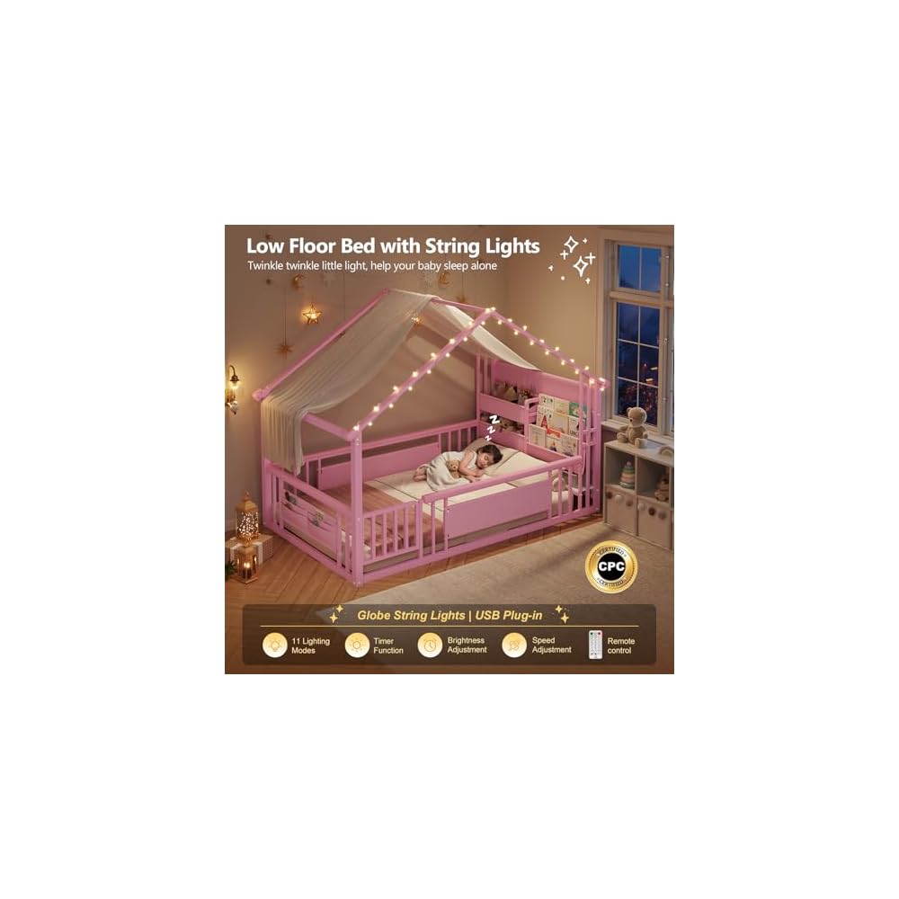 DICTAC Twin Floor Bed with Storage Bookshelf and Globe String Lights House Montessori Floor Bed for Girls with Safety Guardrail,Side Storage Pockets & Solid Wood Slats,Twin Size Girls Floor Beds,Pink