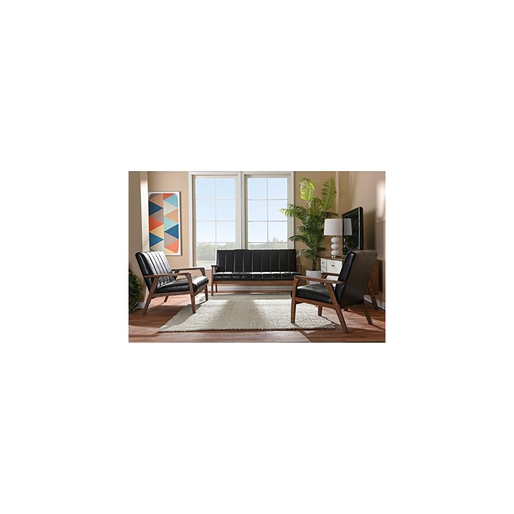 Baxton Furniture Studios Mid-Century Modern Scandinavian Style Faux 3 Seater Leather Wooden Sofa, Dark Brown