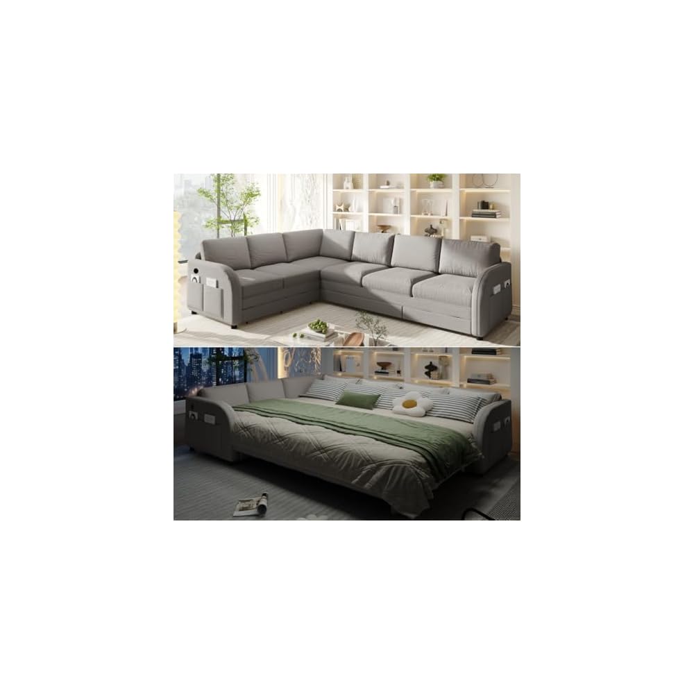 115.2'' Sleeper Sofa Bed King, Sherpa Fleece Sectional Sofa, Light Grey