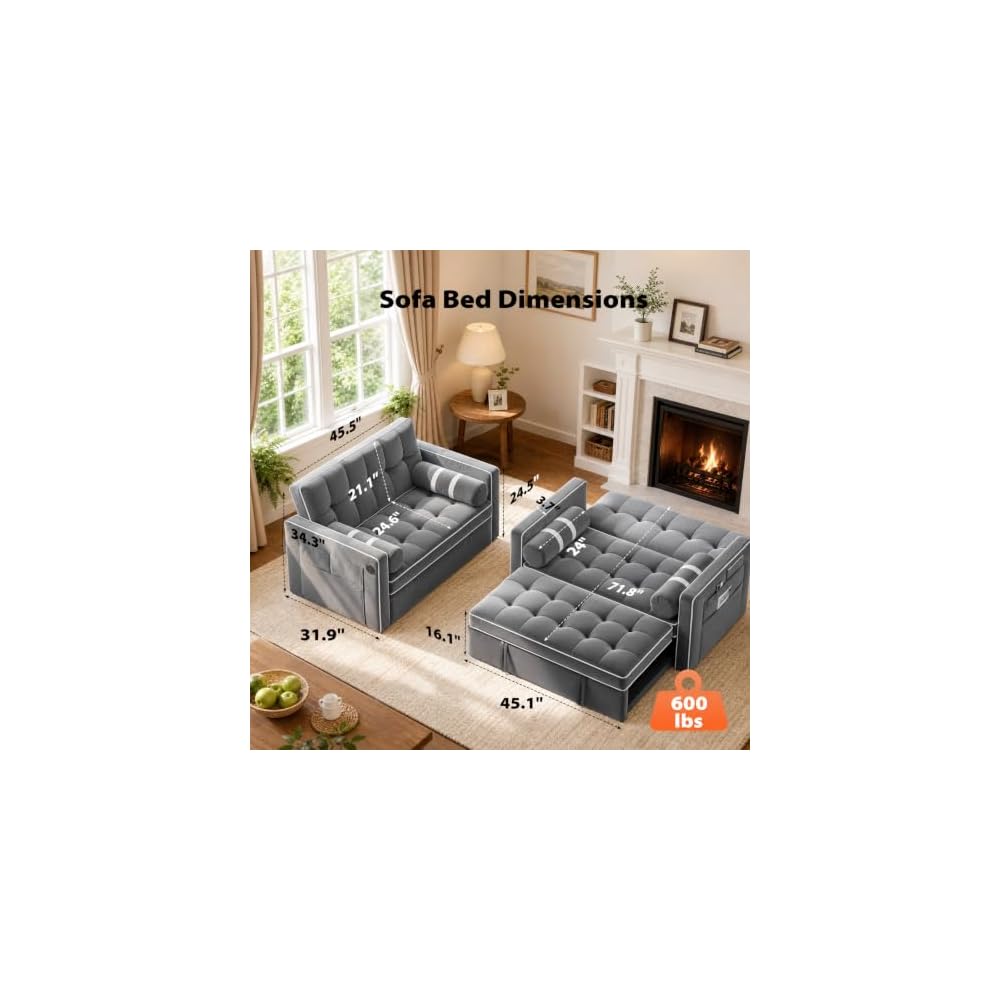 Amada Sleeper Sofa Bed, Convertible Pull Out Couch Futon, Loveseat, Gray