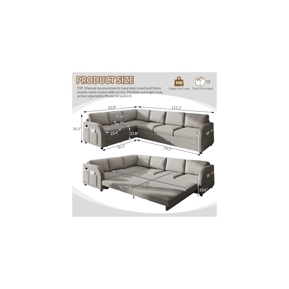 115.2'' Sleeper Sofa Bed King, Sherpa Fleece Sectional Sofa, Light Grey