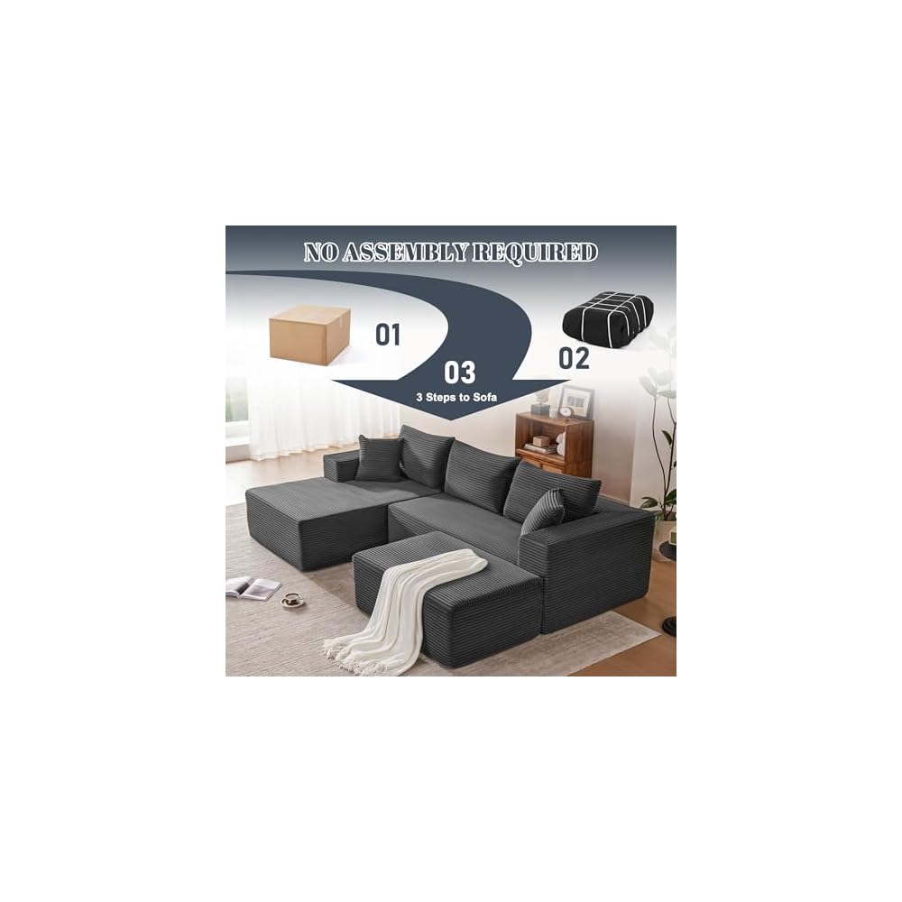 Mangodan 110" Oversized Sectional Boneless Couch, U Shaped Sectional Couches for Living Room, Modular Sectional Sofa Bed with Deep Seat, Comfy Cloud Couch Sofa, No Assembly Required (Gray, 5 Seater)
