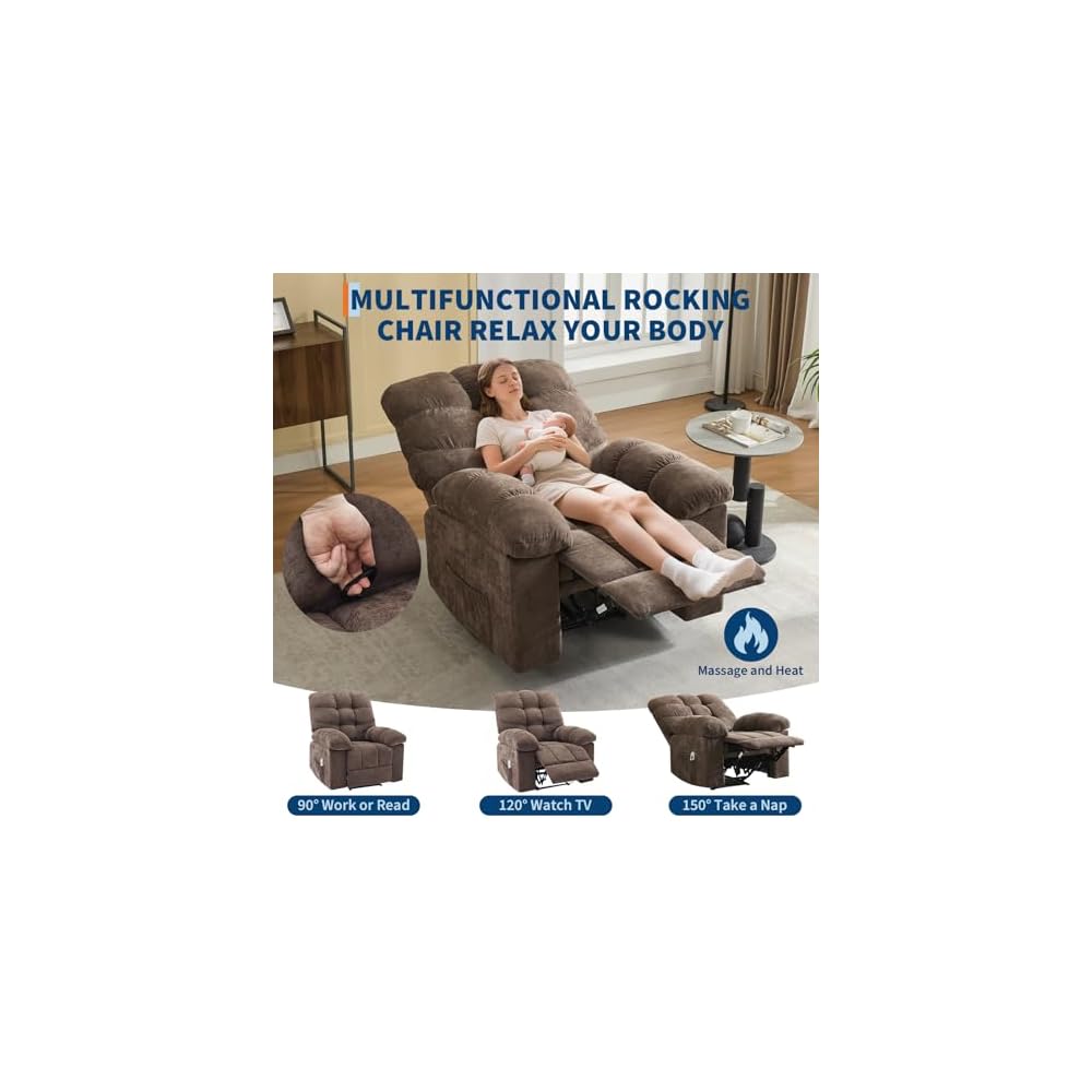 Overstuffed Recliner Rocking Chair with Massage & Heat, Manual Recline with 21.3'' Wide High-Back Linen Armchair, Remote Control, Dual Side Pockets, for Living Room or Bedroom, Light Brown