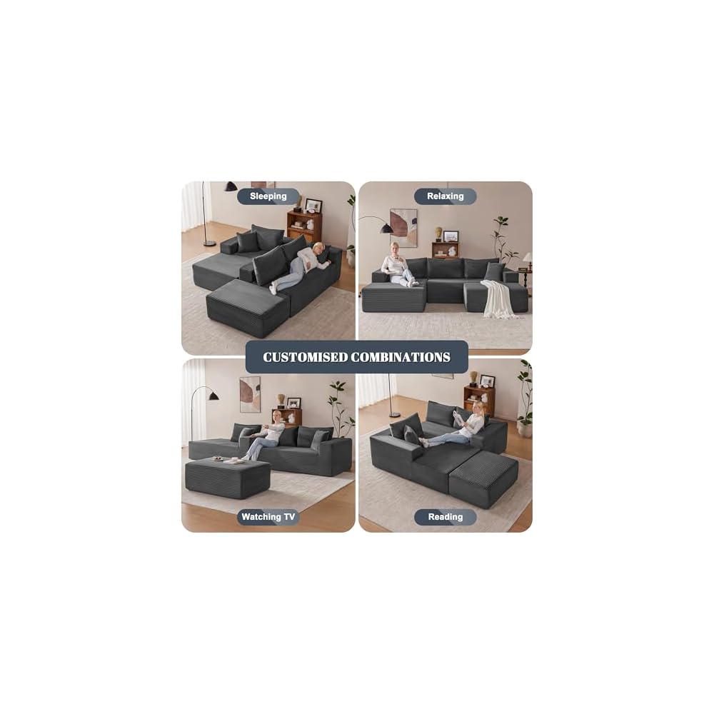 Mangodan 110" Oversized Sectional Boneless Couch, U Shaped Sectional Couches for Living Room, Modular Sectional Sofa Bed with Deep Seat, Comfy Cloud Couch Sofa, No Assembly Required (Gray, 5 Seater)