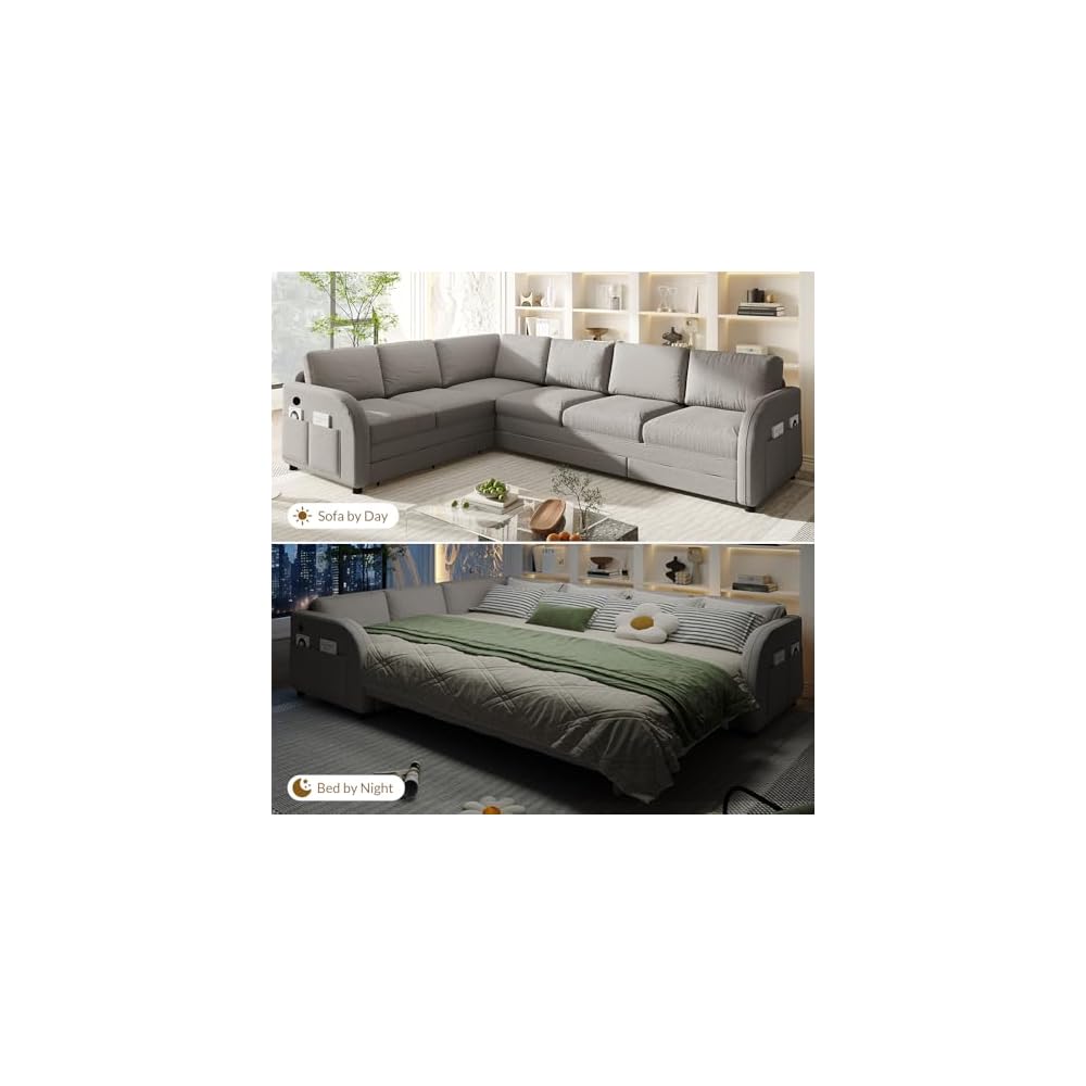 115.2'' Sleeper Sofa Bed King, Sherpa Fleece Sectional Sofa, Light Grey