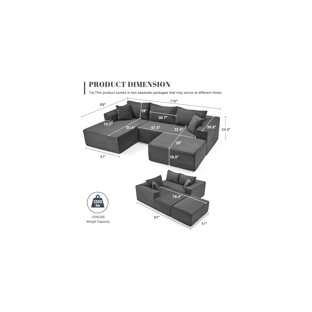 Mangodan 110" Oversized Sectional Boneless Couch, U Shaped Sectional Couches for Living Room, Modular Sectional Sofa Bed with Deep Seat, Comfy Cloud Couch Sofa, No Assembly Required (Gray, 5 Seater)