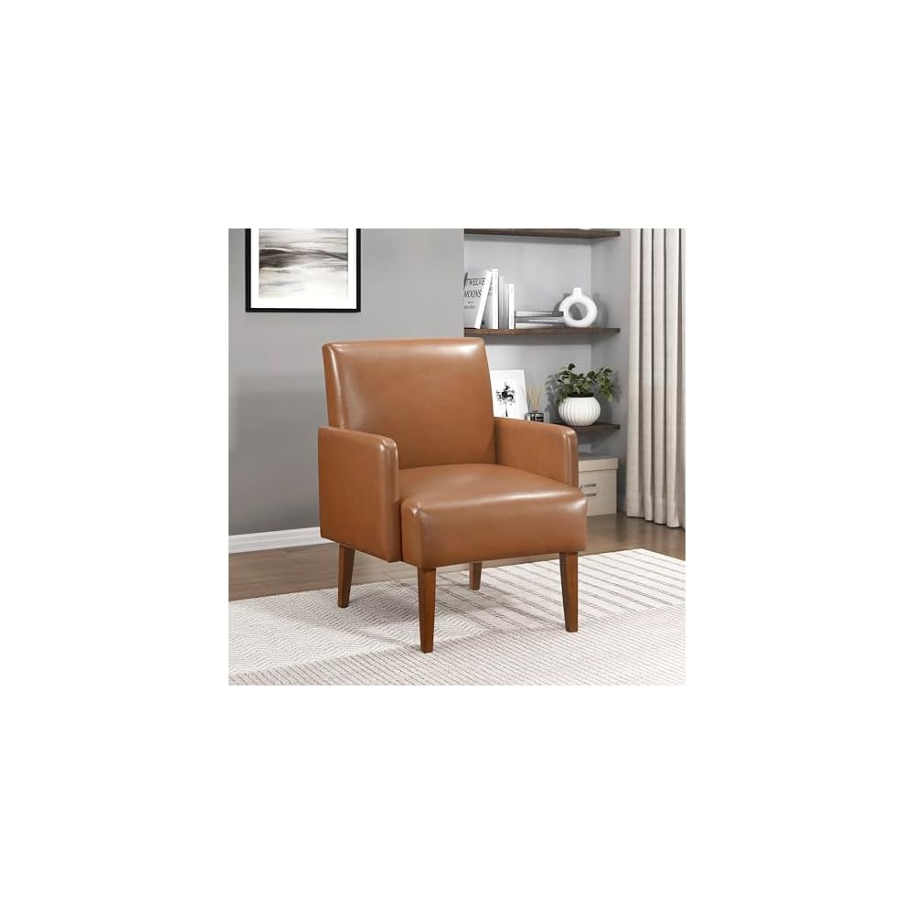 Lexicon Accent Chair Faux Leather Living Room Chair Modern Armchair with Solid Wood Frame and Thick Cushion, Reading Chair Comfy Chair for Bedroom, Living Room, Waiting Room, Retro Brown