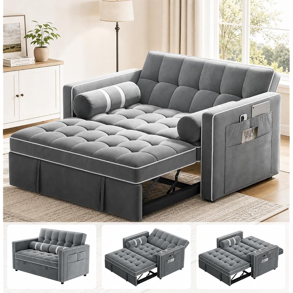 Amada Sleeper Sofa Bed, Convertible Pull Out Couch Futon, Loveseat, Gray