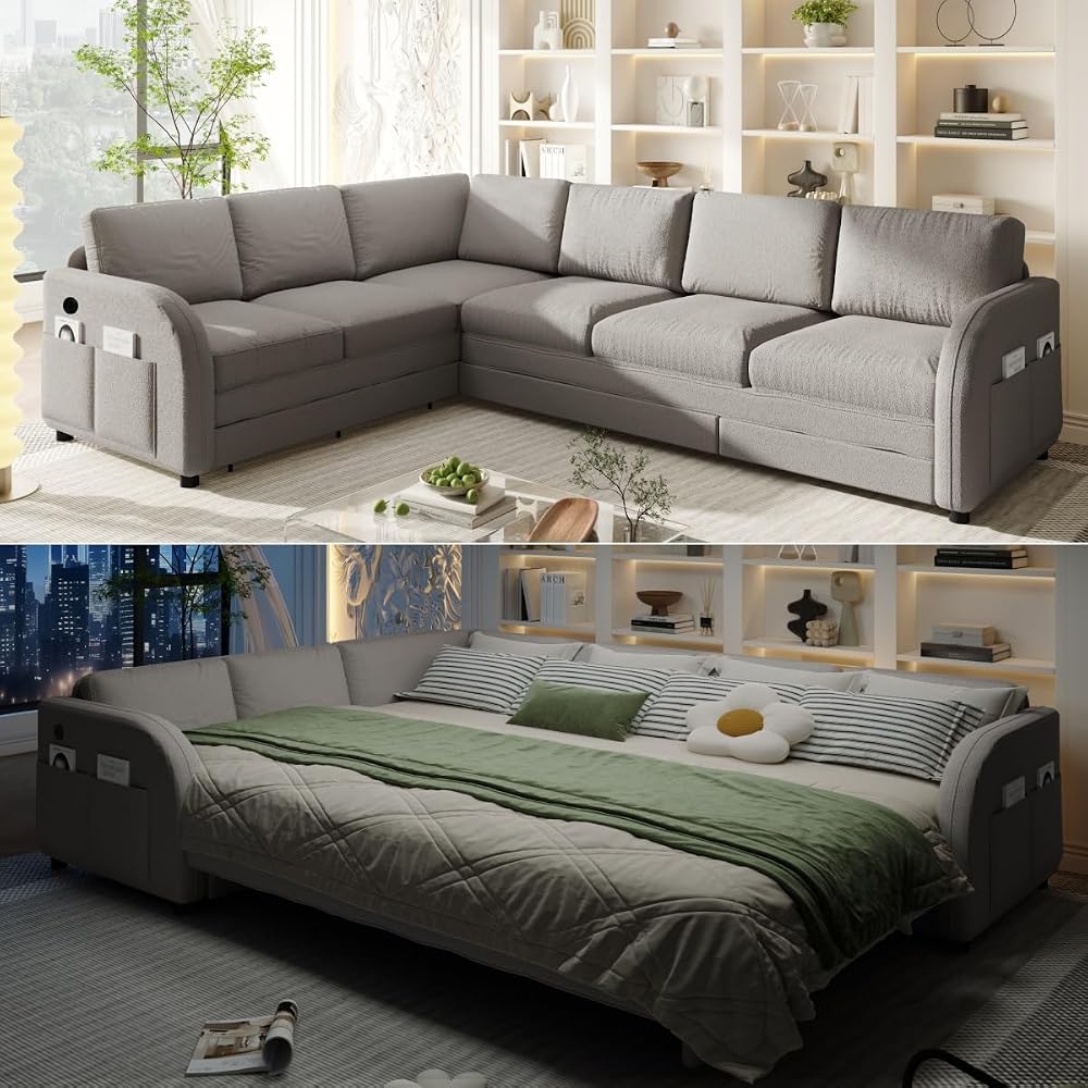 115.2'' Sleeper Sofa Bed King, Sherpa Fleece Sectional Sofa, Light Grey