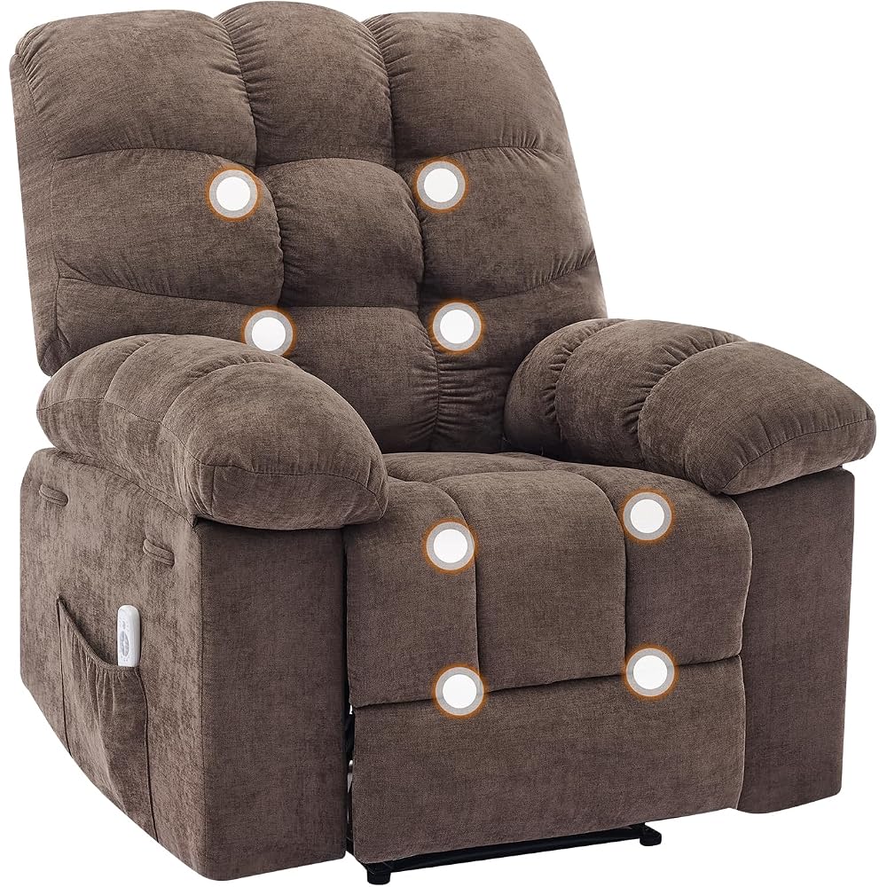 Overstuffed Recliner Rocking Chair with Massage & Heat, Manual Recline with 21.3'' Wide High-Back Linen Armchair, Remote Control, Dual Side Pockets, for Living Room or Bedroom, Light Brown